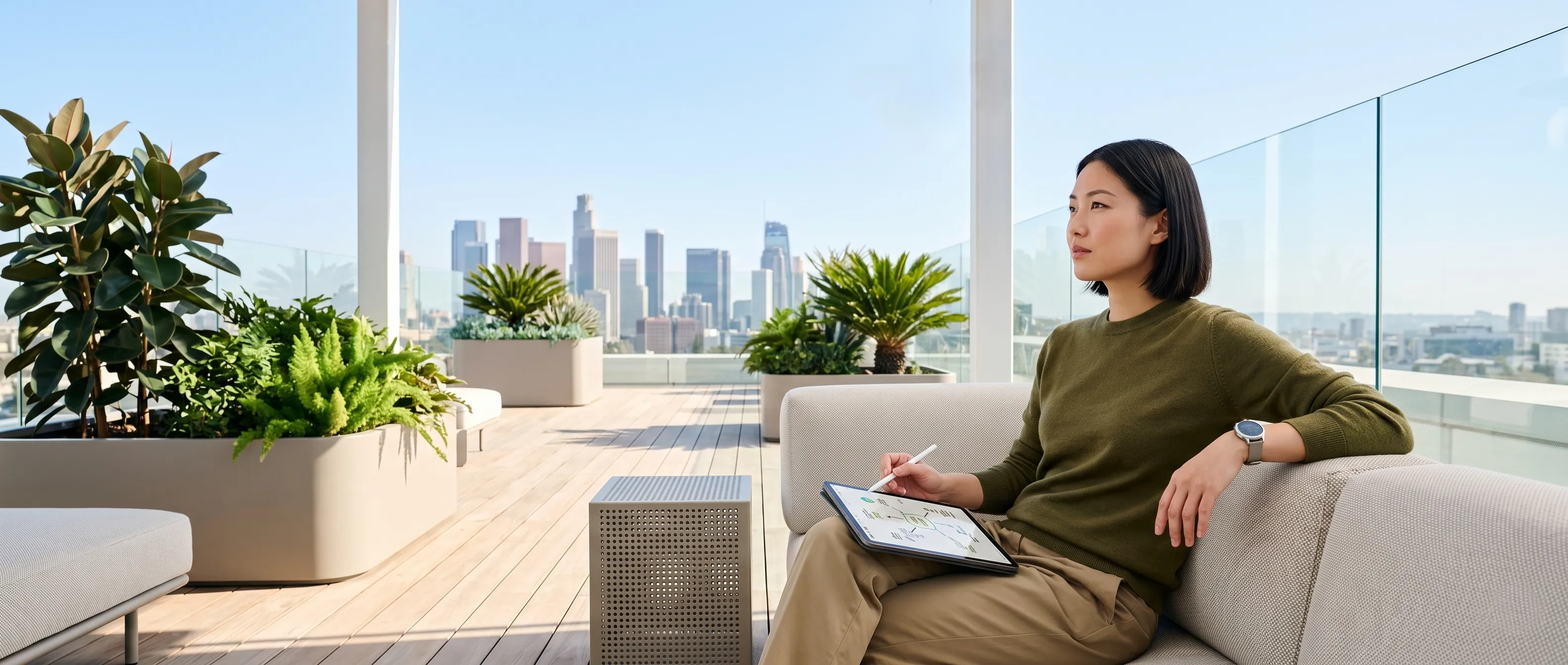 HR consulting partner on a rooftop terrace at golden hour, tablet in hand, city skyline beyond.